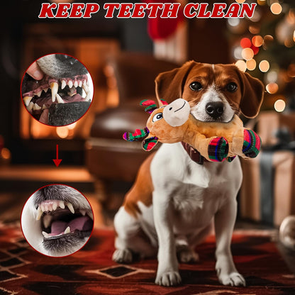 Dog Christmas Reindeer Plush Toys with Squeaker, Soft Pet Teeth Toys for Small & Medium Dogs
