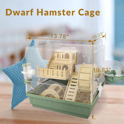 Cycodo 8 in 1 Acrylic Hamster Cage,2-Tier Dwarf Hamster Cage with Wooden Wheel & Hideout,Small Hamster Habitat with Accessories,Clear Pet Mice House(Green,14" L*10" W*11" H)