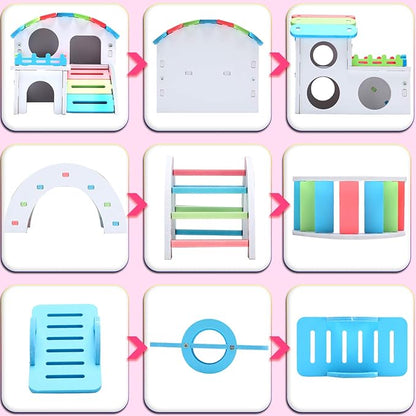 3 Pieces Fun Hamster Toys Guinea Pig Hideout Include PVC Hamster House, Rainbow Bridge, Seesaw Toy DIY Exercise Play Toys for Rats Mouse Small Animals(Small,Rainbow Color)