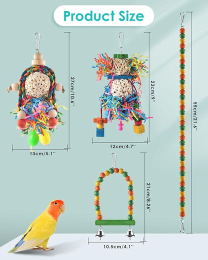 Bissap Conure Toys, 4 PCS Parrot Foraging Shredder Hanging Toys Sola Balls with Sand Hammer Perch Swing Climbing for Small Parrots Parakeets Conures Cockatiels Love Birds Cage Toy