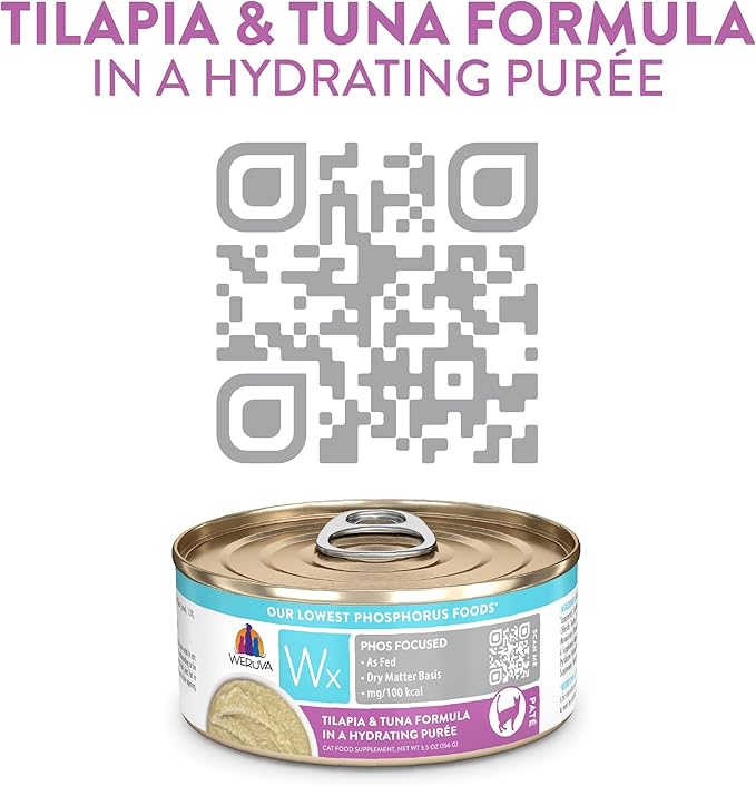 Weruva Wx Phos Focused Tilapia and Tuna Formula in a Hydrating Puree 5.5oz Can, Pack of 8