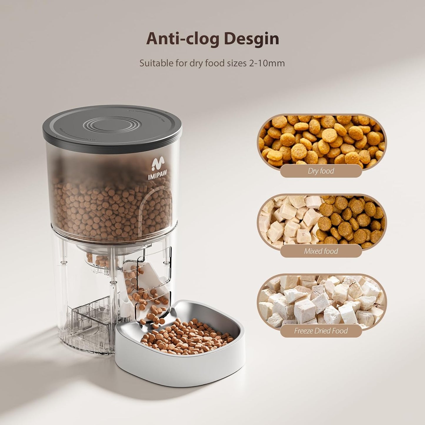 IMIPAW Automatic Cat Feeder, 3L Timed Pet Dry Food Dispenser with Clog-Free Design, Programmable, Dual Power Supply, Desiccant Bags, Auto Feeder for Cats, 1-6 Meals Per Day, with Stainless Steel