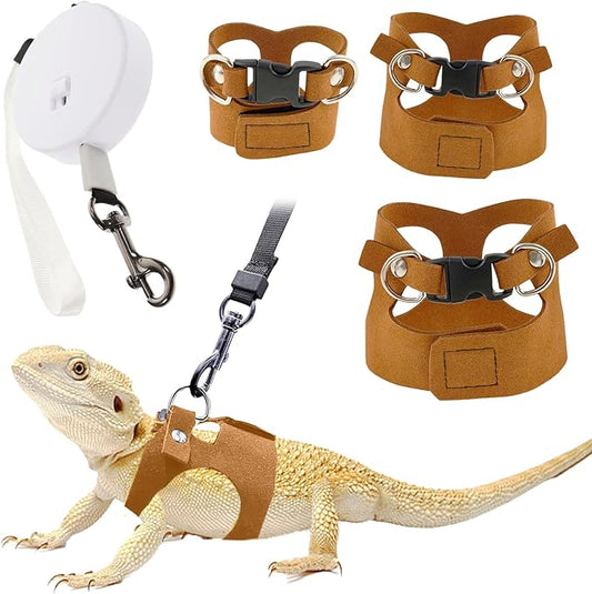 Bearded Dragon Leash and Harness Set - 3-Size Adjustable Soft Leather Vest with Retractable Leash, Easy-Wear Design(Brown, 3M)