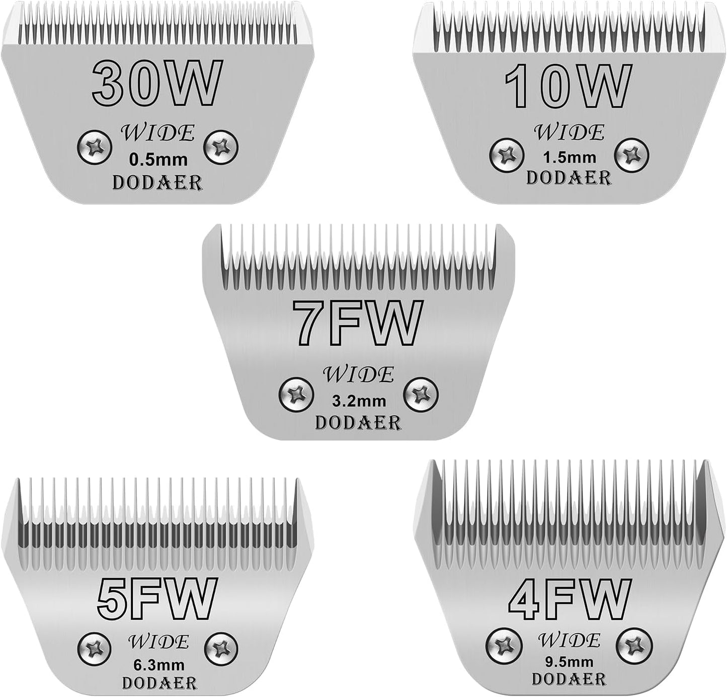 Size 30W+10W+7FW+5FW+4FW Detachable Dog,Cat,Sheep & Horse Grooming Wide Blades Set,Compatible with Andis,Oster A5,Wahl KM10 Series Clippers,Cut Length 1/50"(0.5mm) to 3/8”(9.5mm),5 Pack