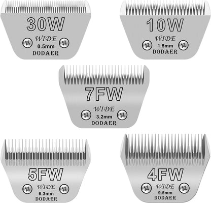 Size 30W+10W+7FW+5FW+4FW Detachable Dog,Cat,Sheep & Horse Grooming Wide Blades Set,Compatible with Andis,Oster A5,Wahl KM10 Series Clippers,Cut Length 1/50"(0.5mm) to 3/8”(9.5mm),5 Pack