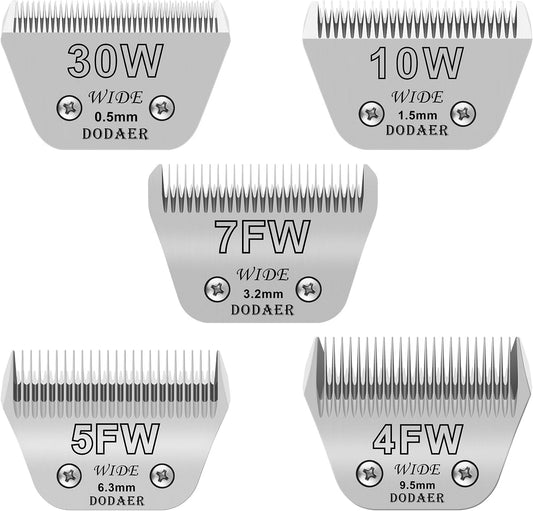 Size 30W+10W+7FW+5FW+4FW Detachable Dog,Cat,Sheep & Horse Grooming Wide Blades Set,Compatible with Andis,Oster A5,Wahl KM10 Series Clippers,Cut Length 1/50"(0.5mm) to 3/8”(9.5mm),5 Pack