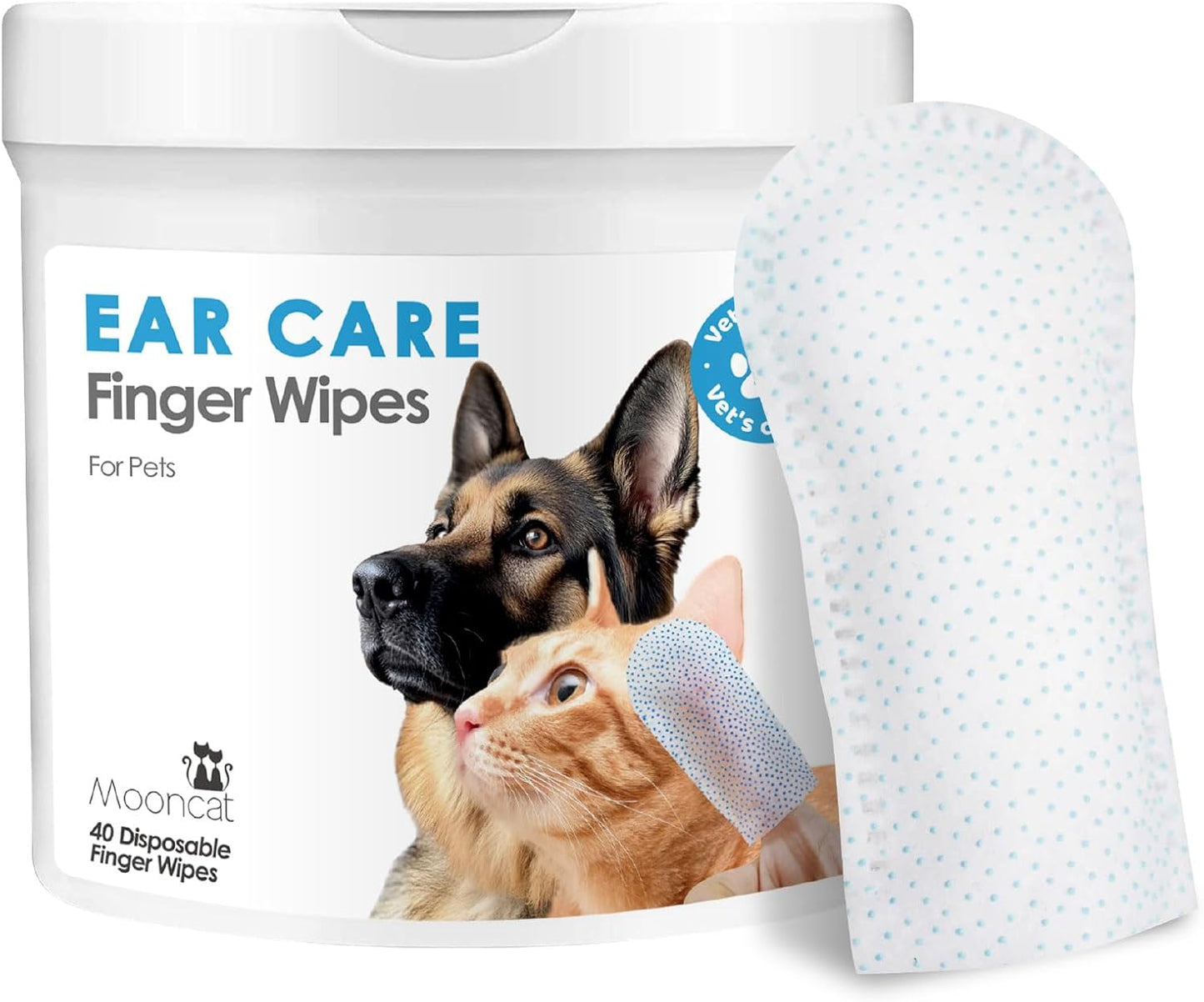 Mooncat Cat & Dog Ear Cleaner Wipes - Gentle Finger Wipes for Ear Infection, Mites, Wax & Odor - Easy & Soothing Itch Relief Cleaning Solution for Sensitive Ears - 40 Finger Wipes