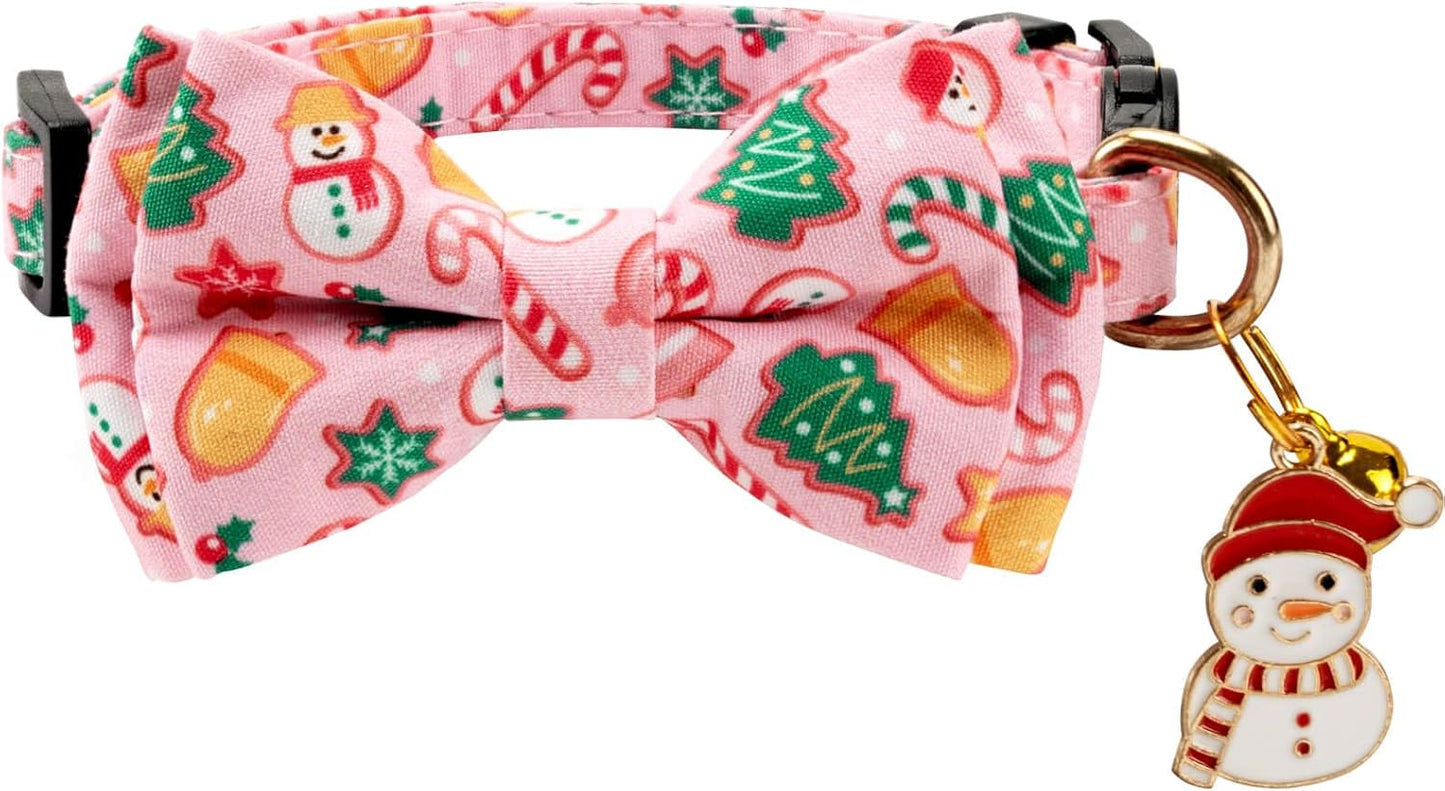 2 Pack Cotton Cat Collar with Bow Tie and Bell for Girl Boy Cats,Cute Green Santa Claus and Pink Snowman Pattern Christmas Breakaway Cat Collar for Male Female Cats (Santa Claus & Snowman)