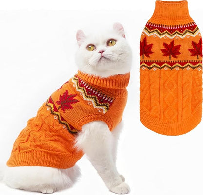 PUPTECK Winter Cat Sweater Coat - Soft Warm Cold Weather Clothes Knitwear for Kittens & Small Dogs Indoor Outdoor Wearing, Knitted Classic for Doggies Kitties Girls Boys, Maple Leaf Orange, S