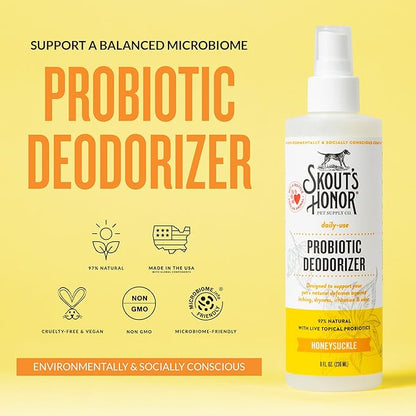SKOUT'S HONOR Probiotic Pet Deodorizer Spray- Hydrating Daily-Use with Avocado Oil & Omega-3s, Microbiome Friendly Certiified, Paraben & Sulfate-Free, 97% Natural, 8oz, Honeysuckle, 2-Pack