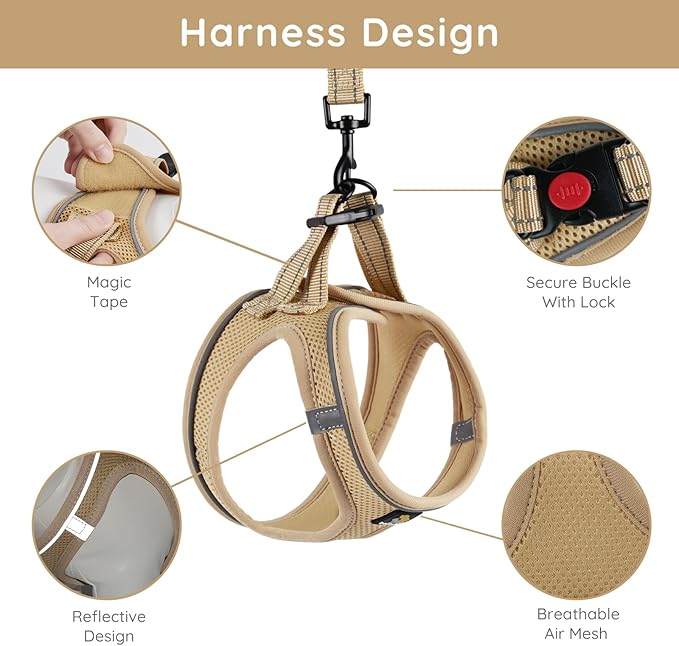 BELLA & PAL Step in Vest Harness for Small and Medium Dogs, No Pull Small Dog Harness with Leash Set, Comfortable Air Mesh Dog Vest Harness with Reflective Strip (Khaki, M)