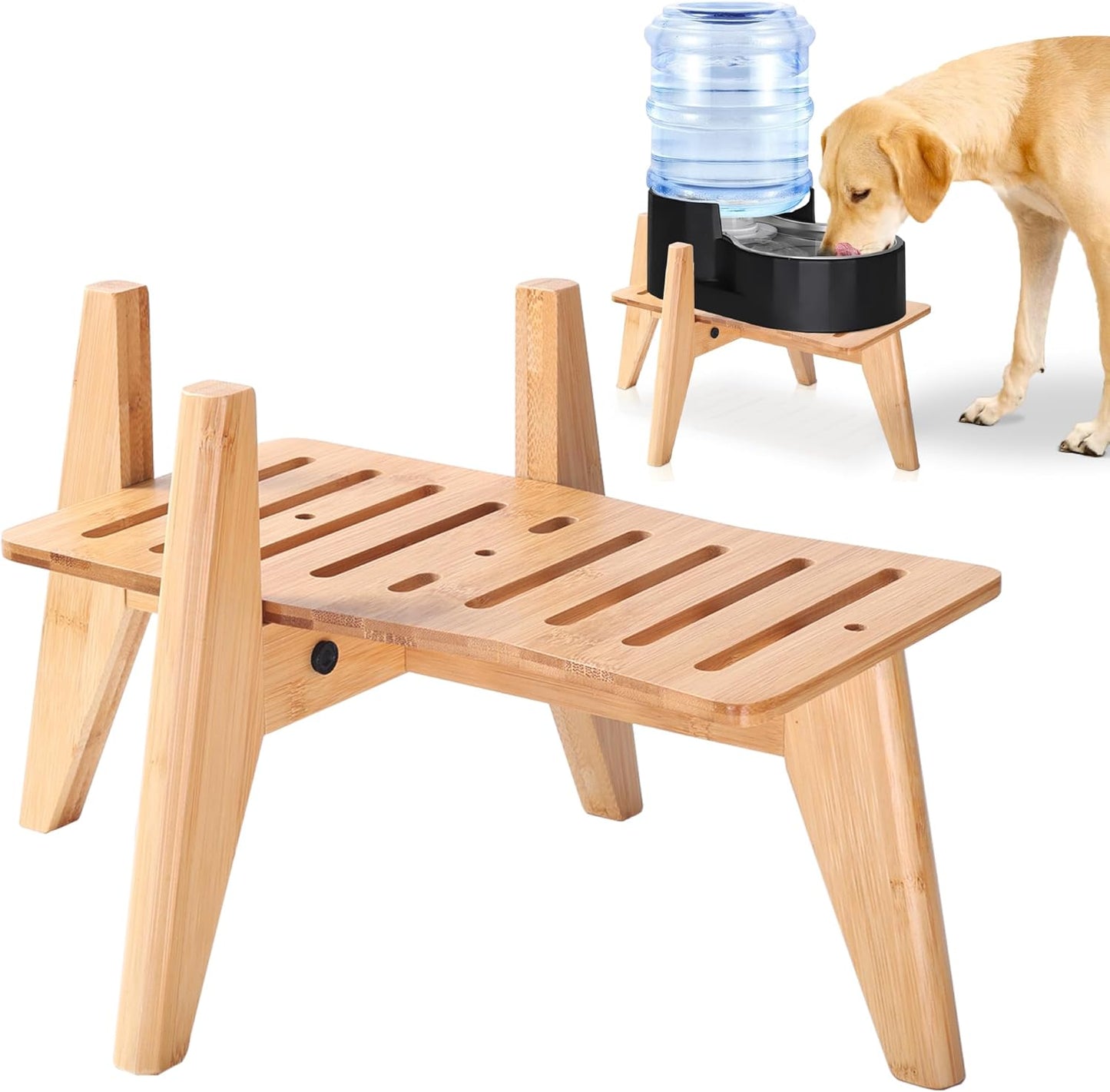 Dog Water Bowl Dispenser Stand - Use to Raise Dog Water and Food Dispensers - Adaptable Size, Fits Various Sizes and Feeder Shapes , Slanted Feet, Resist Tip-over - Bamboo