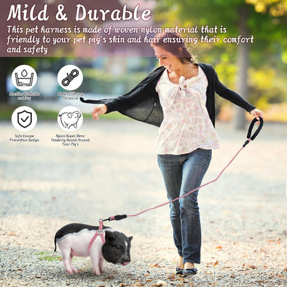 Mini Pig Harness, Adjustable Small Pig Harness with Leash Infinity Style Lead and Soft Foam Handle for Small to Medium Pet Pigs Walking Training Jogging (Pink, L)