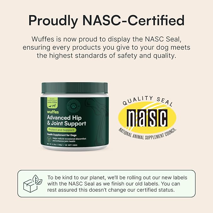 Wuffes Advanced Dog Hip and Joint Supplement with Glucosamine, Chondroitin, Omega 3, MSM, and Green Lipped Mussel, 120 Pork Flavored Chews for Small Dog Breeds