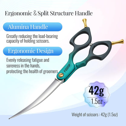 Professional Curved Dog Grooming Scissors with Sharper Self Grinding lightweight and finely trimmed split structure 6.5'' Japan VG10 63HRC for small dogs cat pet(Green&Black)