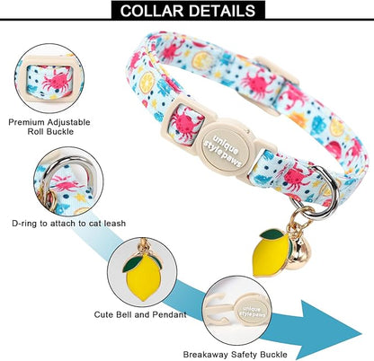 Unique style paws 2 Pack Spring Summer Kitten Collar Breakaway with Bell&Pendant, Adjustable Safety Blue Lemon Dinosaur Cat Cotton Collar for Girl Boy Cat and Small Pet