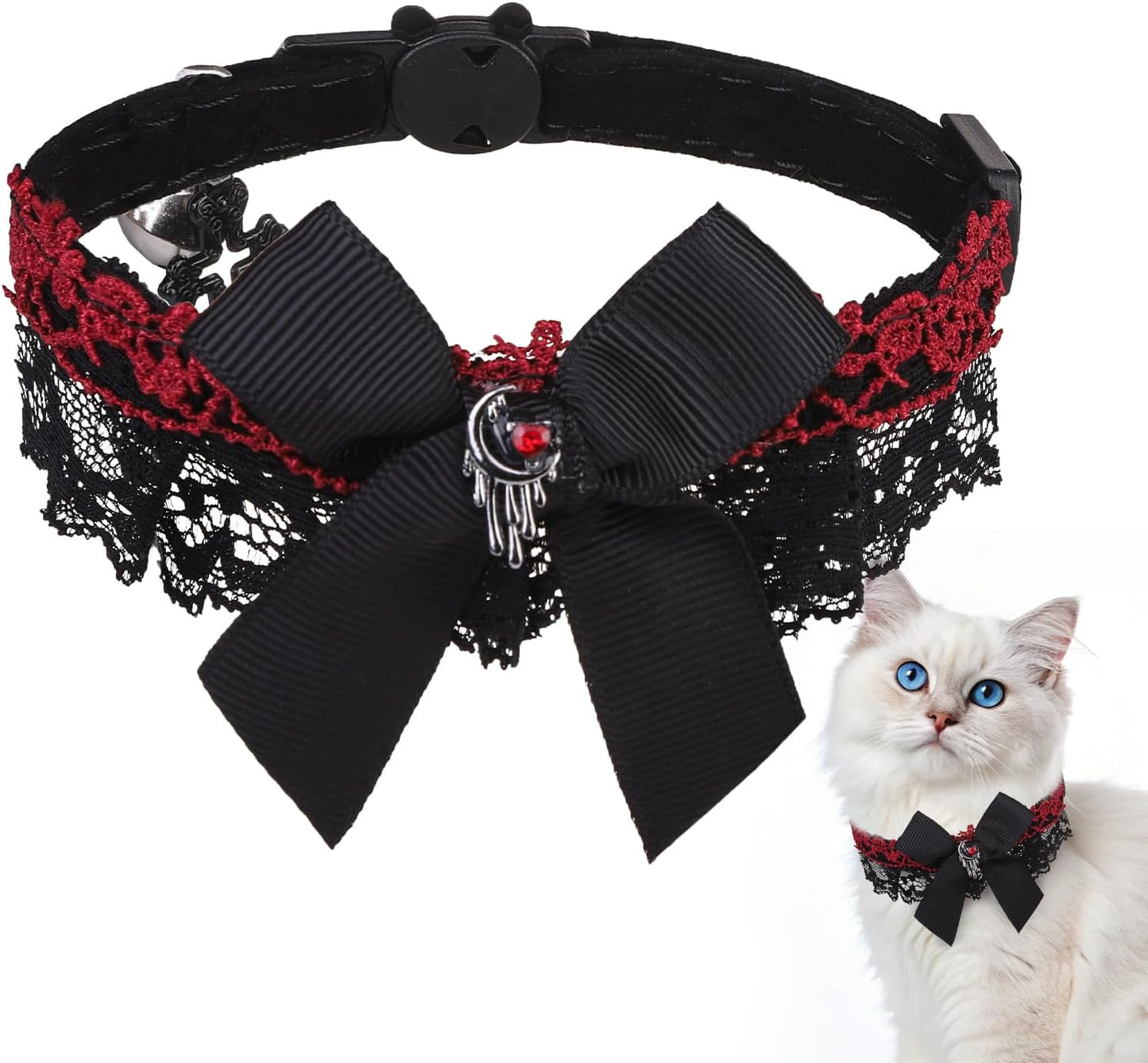 EXPAWLORER Cat Collar Breakaway,Adjustable Soft Velvet Cat Collar with Cross Accessory and Bell,Safety Quick Release Gothic Style Pet Collar for Cat,Kitten,Small Dog