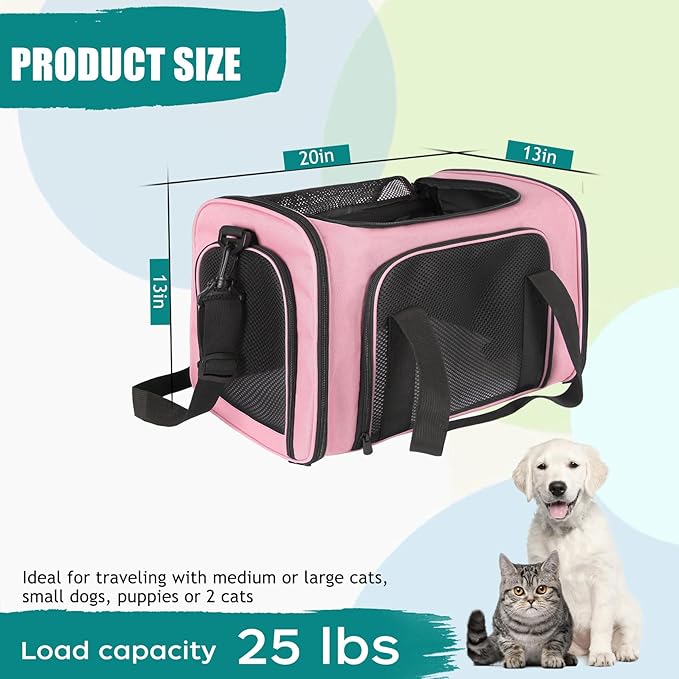 Top tasta Dog Cat Carrier Pet Carriers for Large Cats Small Dogs Carrier Soft Sided Puppy up to 25Lbs Dog Carrier Portable Foldable Dog Cat Travel Carrier (Large-Pink-20 * 13 * 13)
