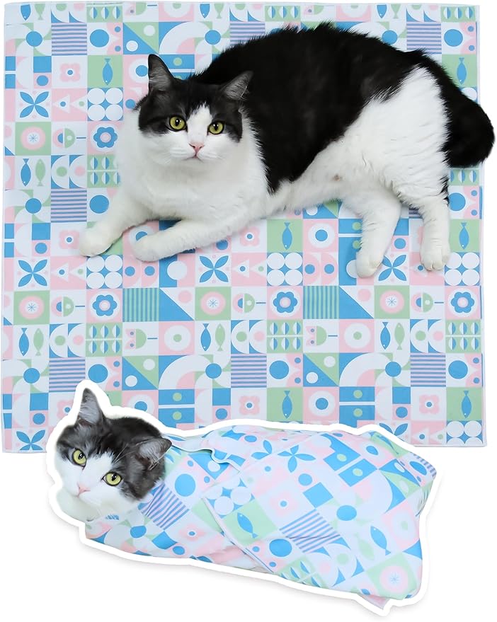 Cat Grooming Wrap for Cutting Nails, 21.6" Anti-Escape Calming Cat Swaddle Wrap for Medicine, Nail Clipping, Teeth Brushing, Ear Cleaning, Self-Adherent Burrito Restraint, (Geometric Fish, M)