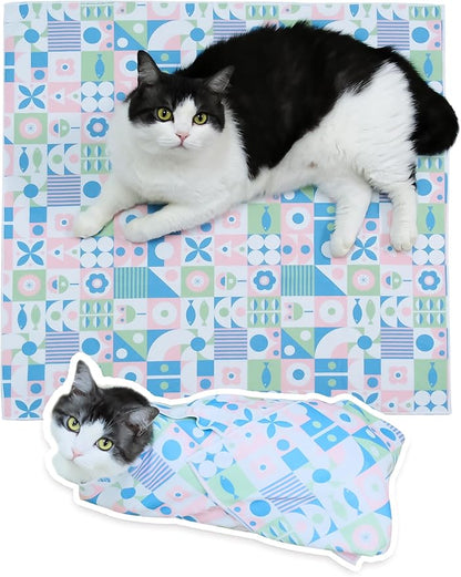 Cat Grooming Wrap for Cutting Nails, 21.6" Anti-Escape Calming Cat Swaddle Wrap for Medicine, Nail Clipping, Teeth Brushing, Ear Cleaning, Self-Adherent Burrito Restraint, (Geometric Fish, M)
