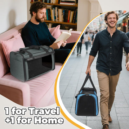 YUDODO 2 Packs 25 lbs Lightproof Soft Sided Pet Carrier for Large Cat & Small Dog Airline Approved Travel Bag Puppy Carriers with Side Pockets & Reflective Mesh, Foldable Portable Lake Blue+Grey Green