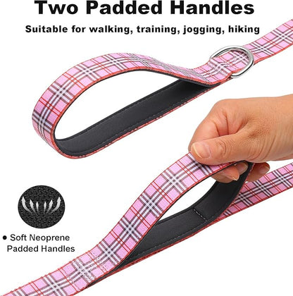 4ft Dog Leash with Two Padded Handles, Heavy Duty Strong Nylon Pet Leash with Soft Neoprene Handle for Small Medium Large Dogs, Pink Plaid