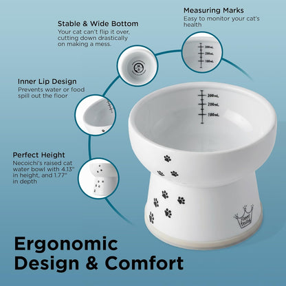 Necoichi Elevated Cat Water Bowl – Ceramic Raised Cat Bowl, Prevents Neck & Whisker Fatigue – Dishwasher & Microwave Safe – Pet Water Bowl for Cats (Cat, Extra Tall)