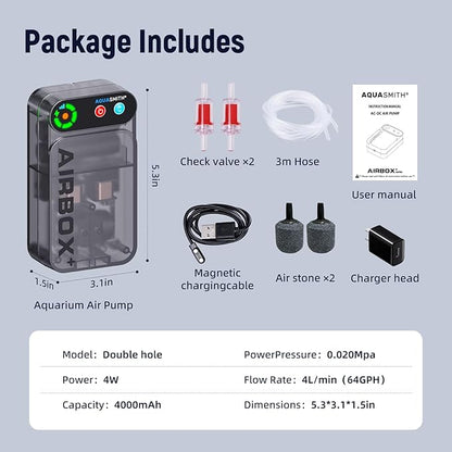 Live Bait Aerator,Ultra-Long Battery Life,Rechargeable Aquarium Air Pump 4w/64GPH(4000mAh Dual Hole) IPX4 Magnetic Charging Design,Suitable for Fishing Enthusiasts,with Hose and Stone