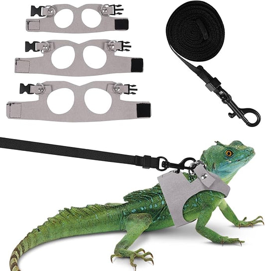 Bearded Dragon Harness Leash Set 3 Size Adjustable Lizards Training Walking Leather Vest Escape-Proof Traction Rope for Outdoor Small Reptiles Animal Squirrels (Grey)