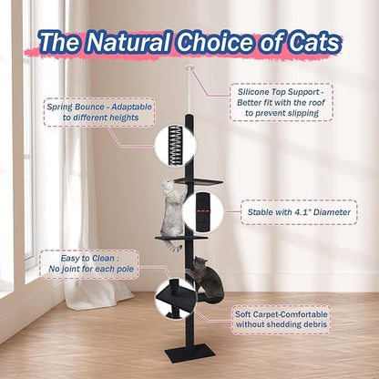 Max & Marlow Cat Tree Floor to Ceiling Cat Tower Height 95-108" Adjustable Kitten Tree Tall Climbing Tree with Carpet Scratching Post and Mat Cat Pole for Indoor Cats, Charcoal
