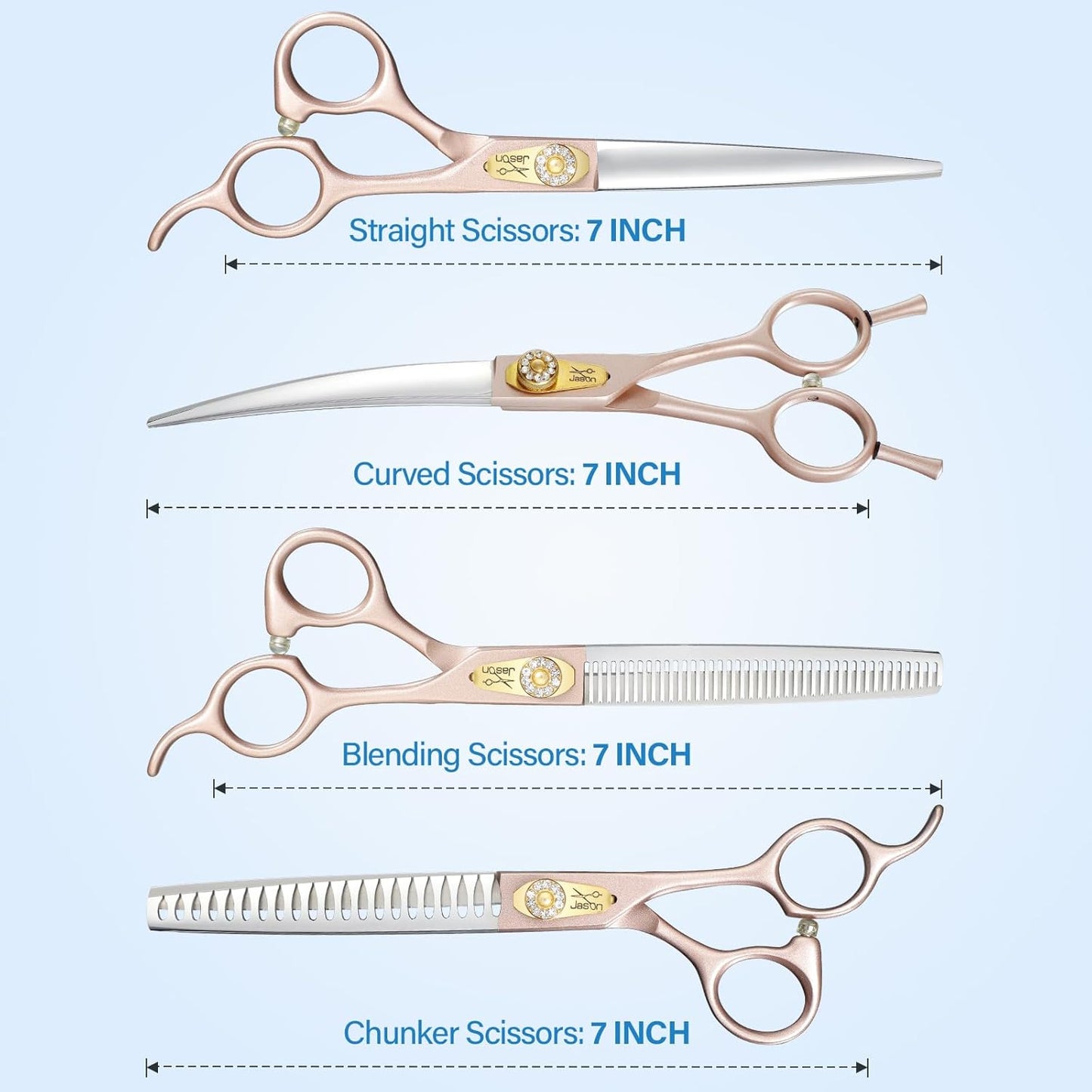 JASON Professional Dog Grooming Scissors Set - 6 in 1 Sharp Shears Set With 7" Thinning, Chunker, Straight, Curved Shears and Comb for Cat Pet, Rosegold