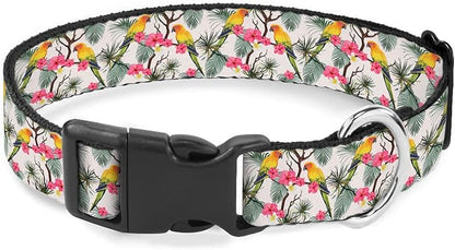 Parrot Pink Flower Green Palm Leaf Dog Collars Soft Adjustable Collar Strap for Small Medium Large Dogs Cats Pet