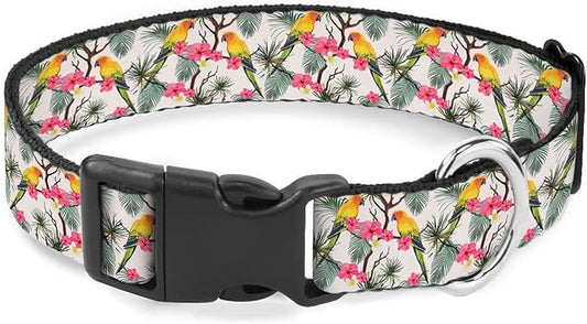 Parrot Pink Flower Green Palm Leaf Dog Collars Soft Adjustable Collar Strap for Small Medium Large Dogs Cats Pet