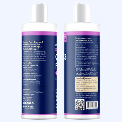 Honest Paws Wild Alaskan Salmon Oil for Dogs & Cats – Omega 3 Fish Oil Supplement for Skin, Coat, Joint & Heart Health – Natural, Sustainably Sourced, 8 oz