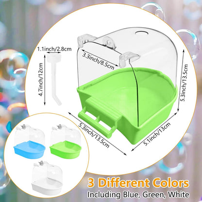 Tfwadmx 3Pcs Bird Bath for Cage Hanging Parakeet Bath Box Clear Bird Bathtub Water Shower Food Feeder Bathing Tub for Cockatiel Conure Canary Budgies