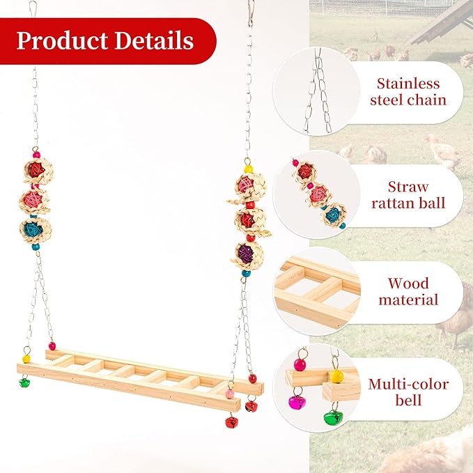 14PCS Chicken Toys for Coop Accessories, Swing Bridge Ladder Mirror Xylophone Toys with Bells Hanging String Vegetable Fruits Skewer Hanging Feeder Chicken Chewing Toy for Hens Chick Bird Parrot