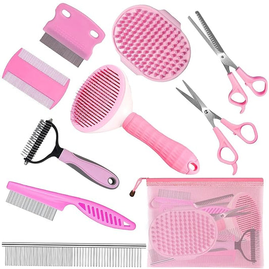 Complete Pet Grooming Solution by Dog - 9PCS Kit with Slicker Brush, Deshedding Tool, and Grooming Comb for All Breeds and Sizes, Promotes Healthy Skin and Coat