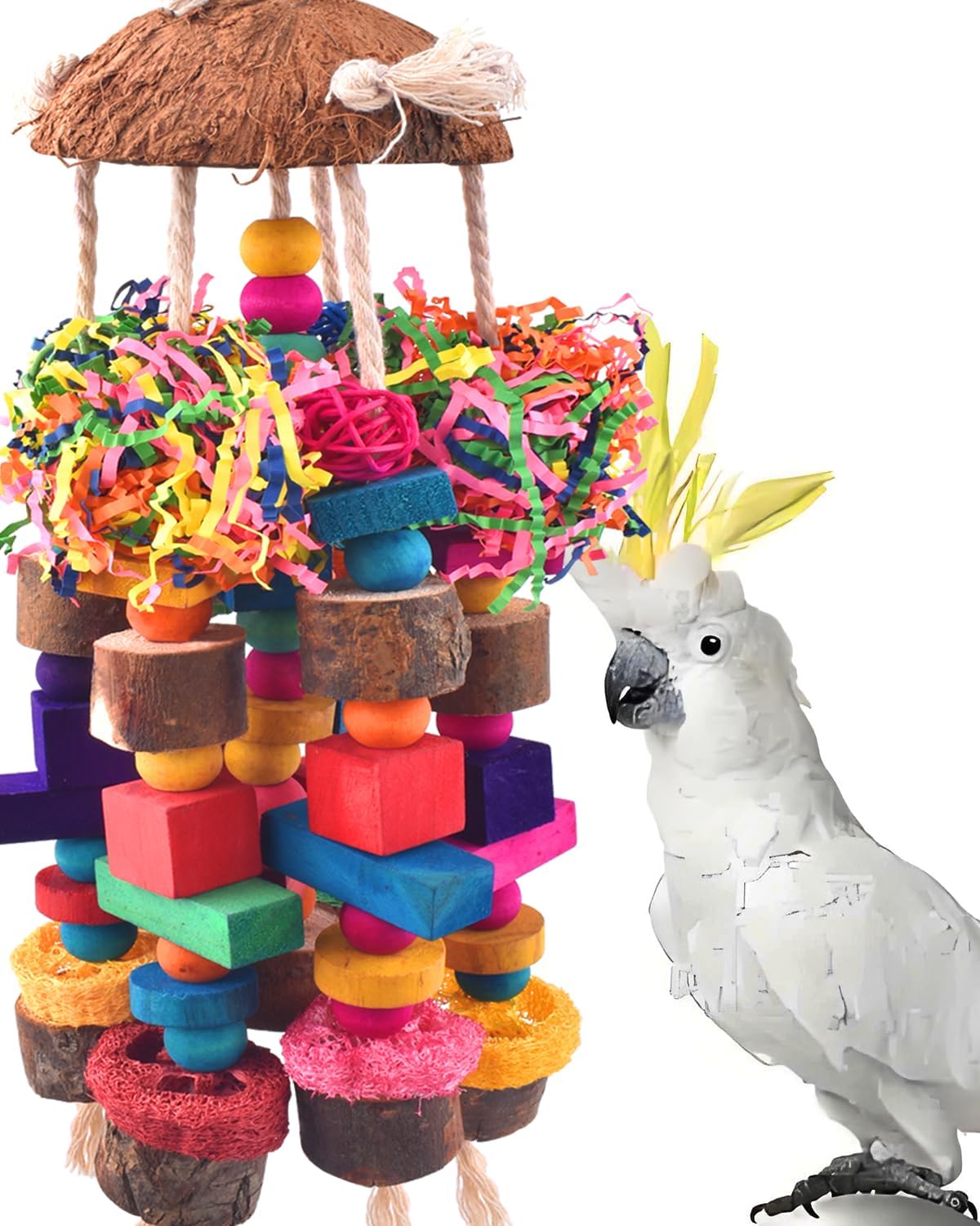 KATUMO Parrot Toys, Large Bird Chew Toys Medium Parrot Cage Accessory Colorful Wood Block Toys for Medium to Large Birds Macaws African Greys Cockatoos Amazon Parrots