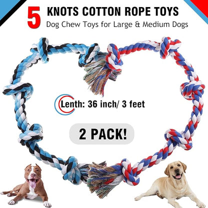 Dog Rope Toys for Large Dogs Aggressive Chewers, Dog Chew Toys for Large Breed Indestructible, Heavy Duty Tough 3 Feet 5 Knots Dog Toy, Sturdy Rope toy for Dogs Tug of War Dog Toy Teeth Cleaning