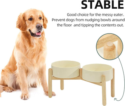 Ceramic 8.2inch Raised Dog Bowl with Stand for Large- Breed Dogs, Pet Food and Water Feeder (Double Bowl with Stand - Beige)