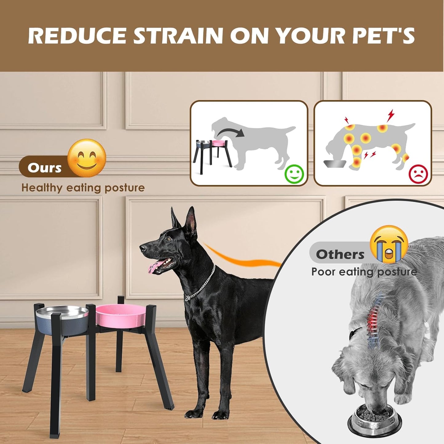 Raised Dog Bowl Stand for Large & Extra Large Dogs – 13.7" Tall Adjustable Holder Fits 7–10.6" Wide Bowls, Elevated Dog Food & Water Stand, 2-in-1 Design (Bowls Not Included)