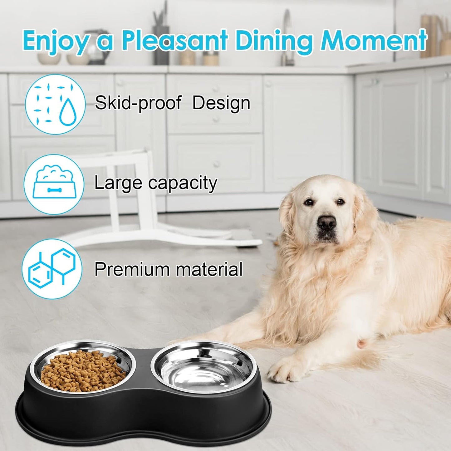 Dog Bowls Large Double Dog Water and Food Bowls Stainless Steel Bowls with Non-Slip Resin Station, Pet Feeder Bowls Food Dish for Small Medium Large Dogs Cats