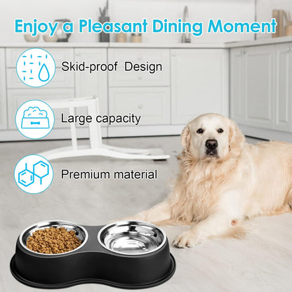 Dog Bowls Large Double Dog Water and Food Bowls Stainless Steel Bowls with Non-Slip Resin Station, Pet Feeder Bowls Food Dish for Small Medium Large Dogs Cats