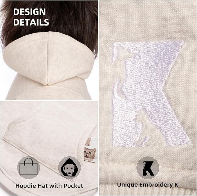 Koneseve Dog Hoodie Fleece, Cat Sweater Warm with Pocket - Soft Clothes for Daily Wear, Basic Hooded Sweatshirts, Winter Coat Clothing, Comfort Tee Shirt Fit for All Breeds Pet - Beige - XL