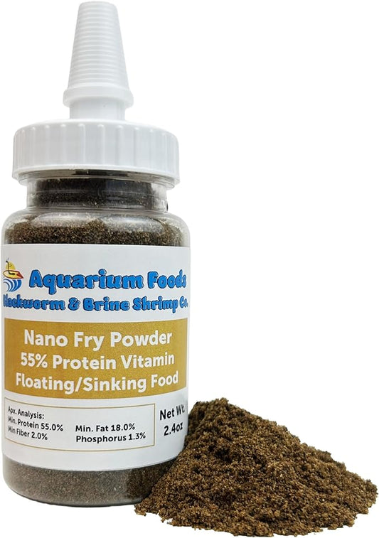 Aquatic Foods Inc. Nano Fry Powder, 55% Protein Vitamin Rich Floating/Slow Sinking Powdered Fry Growth Food for All Tropical Fish, Baby Cichlids, Bettas, Tetras, Guppies...2.4oz Squeeze Bottle