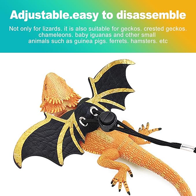 3 Pack Bearded Dragon Harness and Leash Set, Adjustable Soft Leather Reptile Costume with Cool Wings for Lizards, Geckos, Chameleons, Iguanas, Small Pets, Outdoor Walking, Black