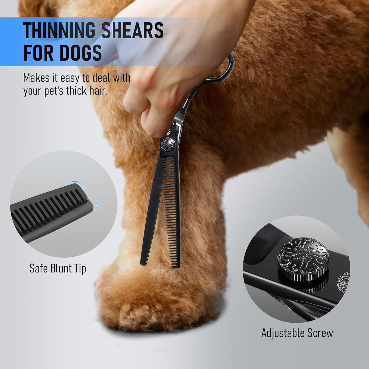 Purple Dragon Dog Grooming Scissors Set - Thinning, Straight, Up & Down Curved Scissors and Comb, 7 Inch Black Shears with Adjustable Screw for Dogs and Cats