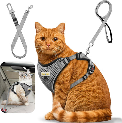 Cat Harness and Leash for Walking, Retractable Cat Harnesses and Leash Set Escape Proof, Breathable Soft Kitten Small Large Harness for Travel Training and Walking, Grey, M