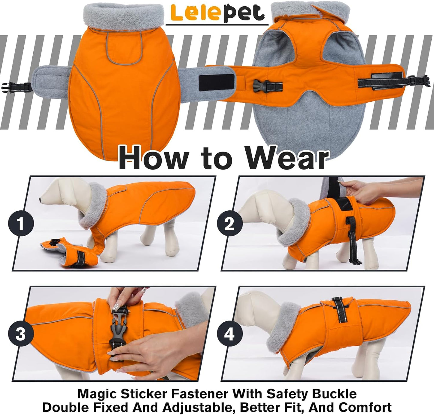 Lelepet Dog Coat Waterproof Dog Jacket Reflective Fleece Vest with Adjustable Buckle & Leash Hole Windproof Cold Weather Coats for Small Medium Large Dogs, Warm Hunting Vest, Orange, L