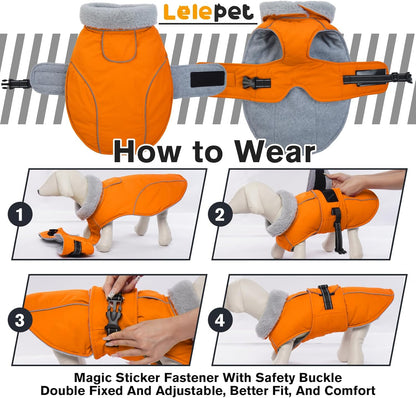 Lelepet Dog Coat Waterproof Dog Jacket Reflective Fleece Vest with Adjustable Buckle & Leash Hole Windproof Cold Weather Coats for Small Medium Large Dogs, Warm Hunting Vest, Orange, XXXL